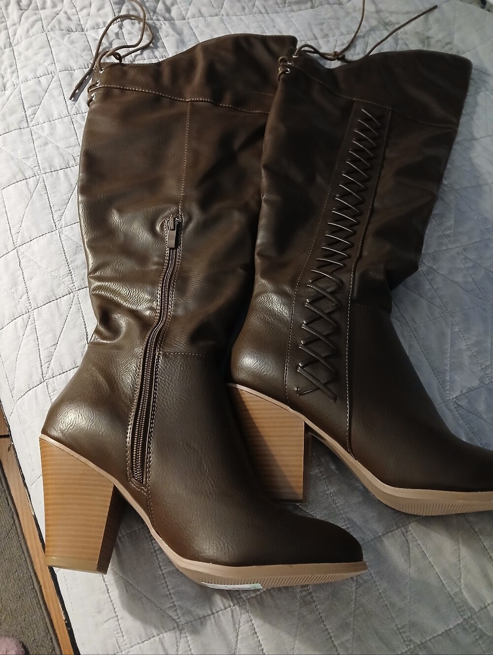 Women's Tall Brown Block Heel Boots with Side Zip